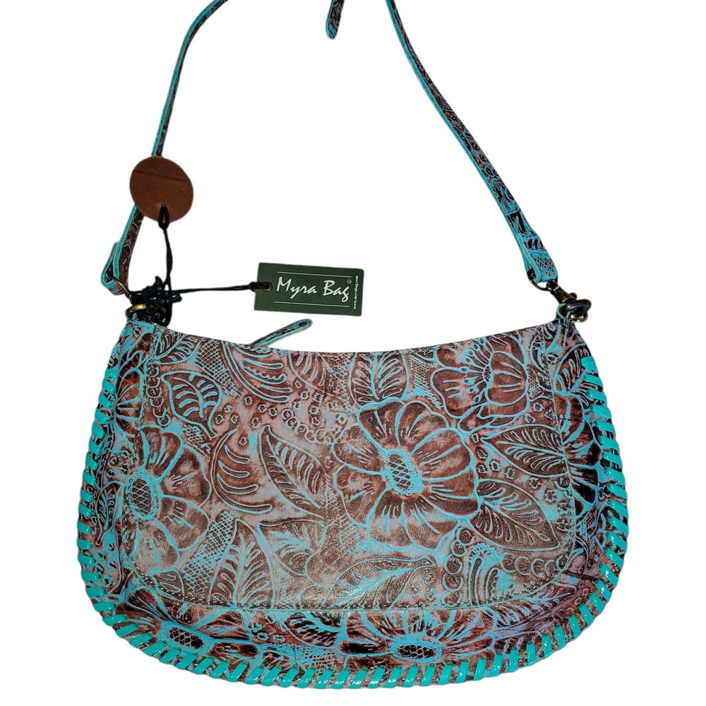 Myra Bag Floral Embossed Shoulder Bag - Turquoise and Brown